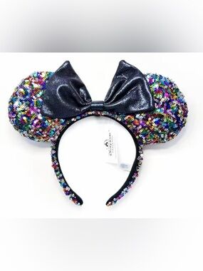 Rainbow Sequin Minnie Style Ears Headband with Black Bow